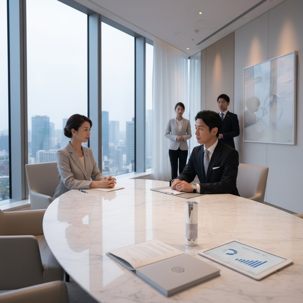 IPS-X ビジネスパートナーシップ — 洗練されたオフィスでの商談シーン