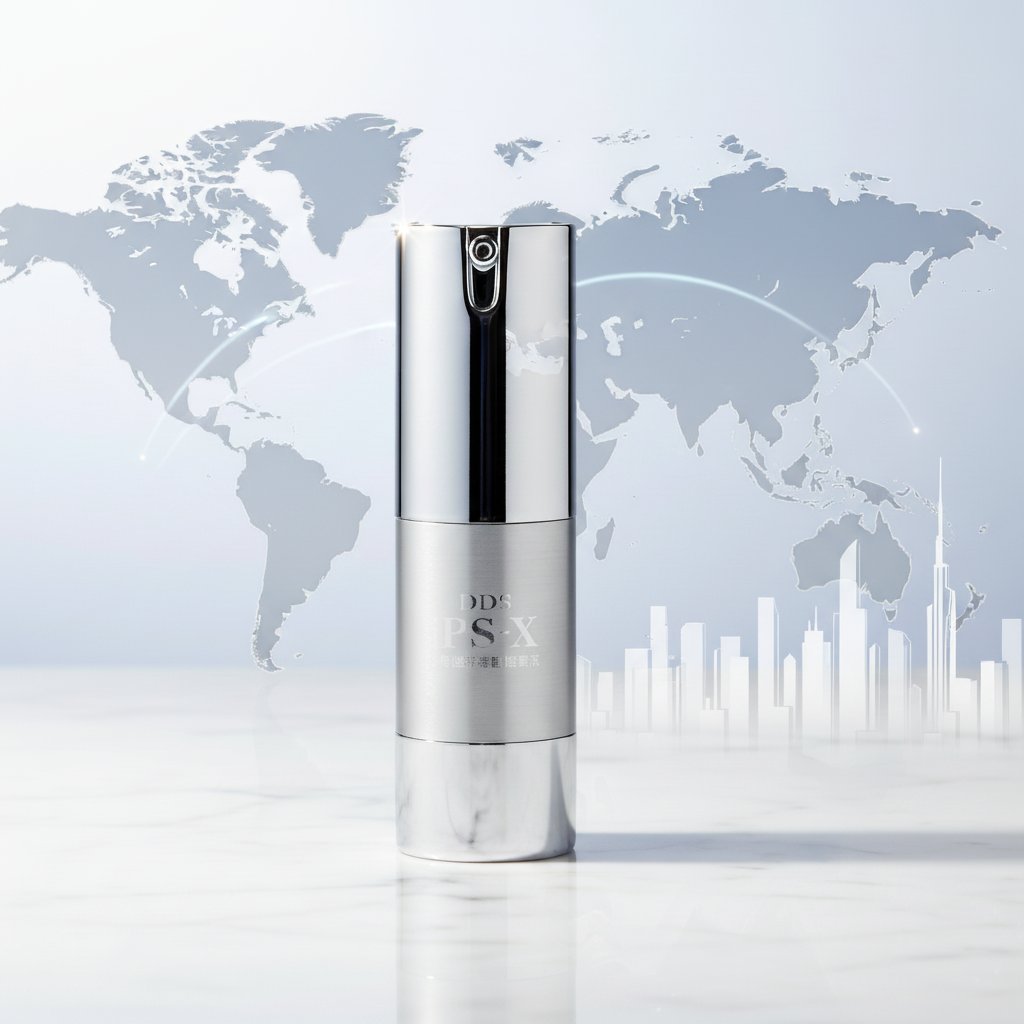 IPS-X グローバル展開 — 世界地図とシルバーのボトル