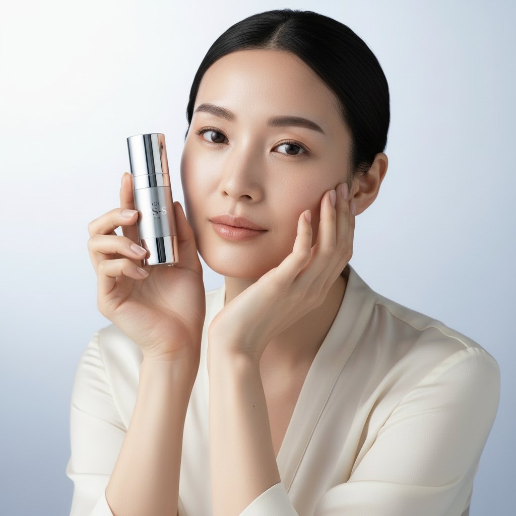 Model holding DDS iPS-X — the refined iPS-X skincare experience