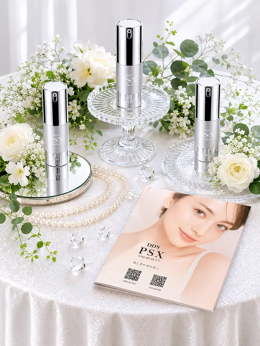 The DDS iPS-X series — an elegant presentation framed by white flowers and pearls